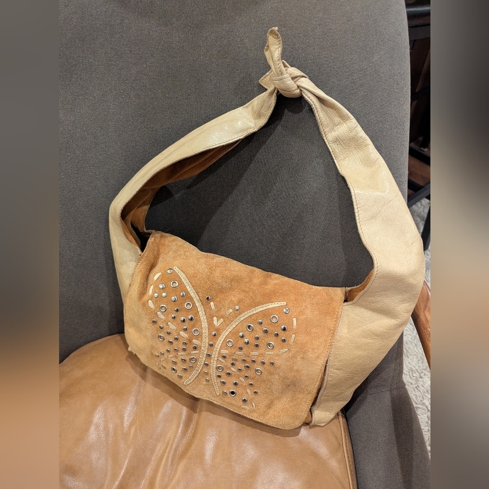 Y2K Arcadia Italy Leather vintage hobo bag gold with butterfly embossing. Rare! - Picture 3 of 15